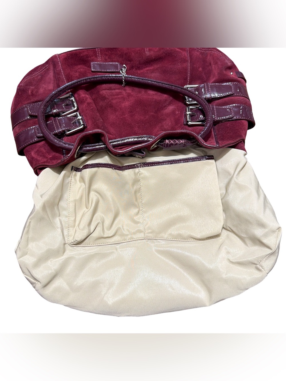Cole Haan • Merlot Suede & Patent Leather Y2K Hobo Shoulder Bag - Picture 13 of 15